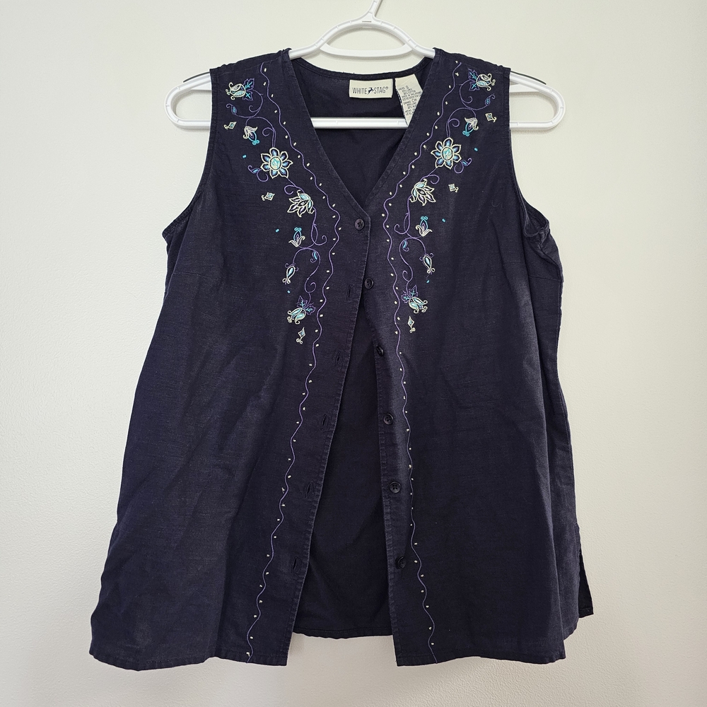 Vintage White Stag Navy Embroidered Sleeveless Button Blouse Small Floral Dainty